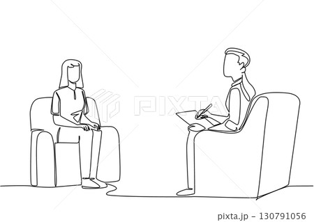 Single one line drawing man sits on sofa holding clipboard with woman. Psychological treatment. Therapy. National Mental Health Provider Appreciation Day. Continuous line design graphic illustration 130791056