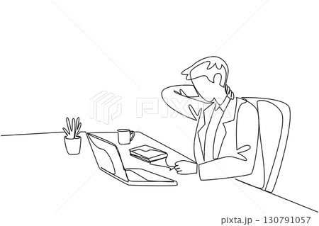 Single continuous line drawing a businessman hold the back of neck with both hands. Stiff neck. Tense muscles. Too focused on laptop. Fibromyalgia Awareness Day. One line design vector illustration 130791057