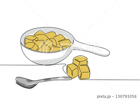Single one line drawing croutons in bowl and some scattered on the side and add a stainless steel spoon. The food complement is ready. National Crouton Day. Continuous line design graphic illustration 130791058