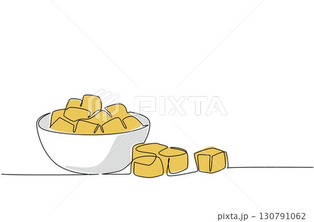 Single continuous line drawing croutons in a bowl and some scattered on the side of the bowl. Adding to the deliciousness of food. Snack. National Crouton Day. One line design vector illustration 130791062