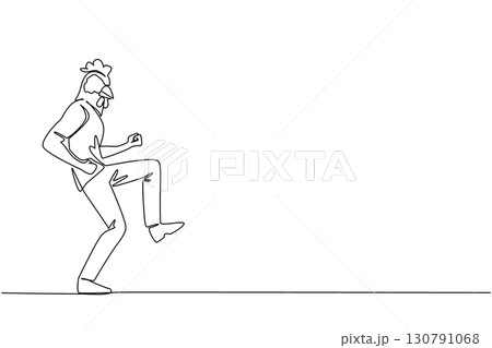 Continuous one line drawing a young man wearing a tshirt wearing a chicken head mask poses dancing. Dancing like playing guitar. Dance Like a Chicken Day. Single line draw design vector illustration 130791068