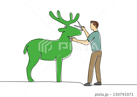 Single one line drawing a male gardener cuts a tree to shape it into a stag with antlers. The art of playing with animal shapes. AgileWorld Topiary Day. Continuous line design graphic illustration Single one line drawing a male gardener cuts a tree to shape it into a stag with antlers. The art of playing with animal shapes. AgileWorld Topiary Day. Continuous line design graphic illustration 130791071