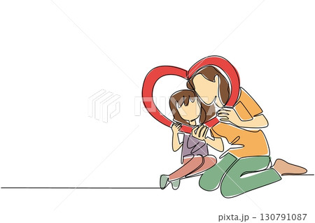 Single one line drawing girl and her mother sitting on the floor holding a heart shaped frame. Adorable photo shoot. Togetherness. Mothers at the Wall Day. Continuous line design graphic illustration Single one line drawing girl and her mother sitting on the floor holding a heart shaped frame. Adorable photo shoot. Togetherness. Mothers at the Wall Day. Continuous line design graphic illustration 130791087