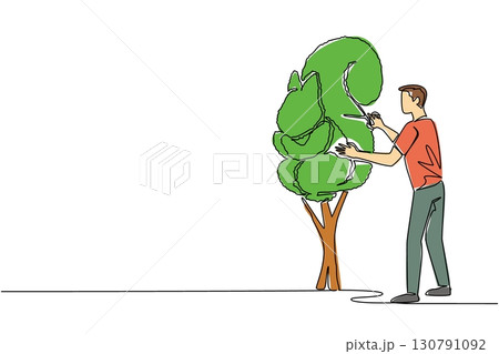Single continuous line drawing a male gardener holding tree shears shaping a tree into a squirrel. Unique creative art. Symbol of perseverance. World Topiary Day. One line design vector illustration 130791092