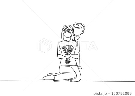 Single continuous line drawing a boy covers eyes of mother with both hands from behind. Giving a surprise to the best mother in the world. Flower. Day of Mother. One line design vector illustration Single continuous line drawing a boy covers eyes of mother with both hands from behind. Giving a surprise to the best mother in the world. Flower. Day of Mother. One line design vector illustration 130791099