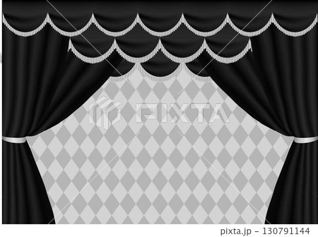 黒いドレープカーテンとダイヤ柄ステージ背景。ベクターイラスト素材 130791144