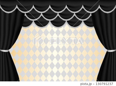 黒いドレープカーテンとダイヤ柄ステージ背景。ベクターイラスト素材 130791237