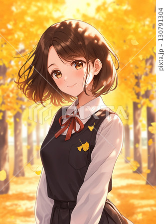 秋の公園を背景にした女子高生　AI画像 130791304