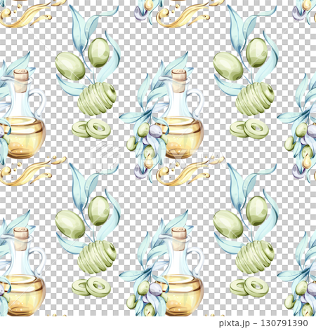 Seamless pattern of olives and olive oil in watercolor technique showcasing elements of Italian cuisine nature and the beauty of healthy eating for wallpaper and background designs 130791390