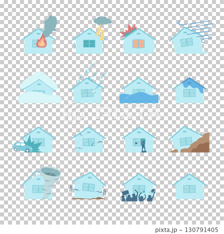 Illustrations of various disasters that befall homes Illustrations of various disasters that befall homes 130791405