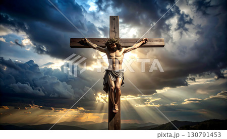 Crucifixion scene with dramatic light and stormy clouds 130791453