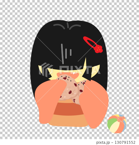 Illustration of a Zashiki-warashi who stops playing and eats red rice balls 130791552