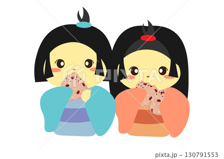 男の子と女の子の座敷童子が赤飯おむすびを食べるイラスト 130791553