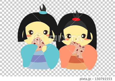 男の子と女の子の座敷童子が赤飯おむすびを食べるイラスト 130791553