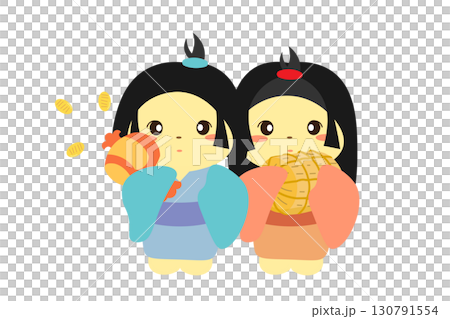 Illustration of a zashiki-warashi holding a rice sack and a mallet Illustration of a zashiki-warashi holding a rice sack and a mallet 130791554