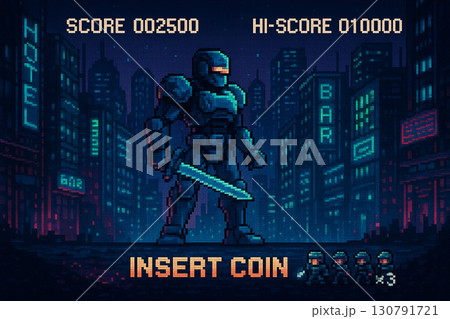 レトロフューチャーのピクセルゲーム風サイバー戦士とネオン都市 130791721