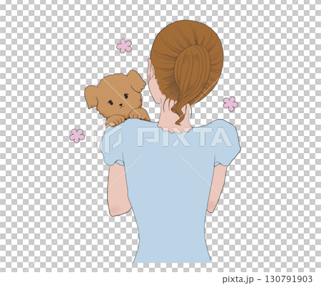 犬を抱っこする女性の後ろ姿 イラスト	 130791903