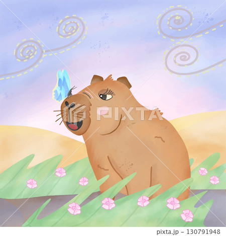 capybara butterfly cartoon vector watercolor showing cute animal with insect on nose adorable calm wildlife illustration for nature and children themes capybara butterfly cartoon vector watercolor showing cute animal with insect on nose adorable calm wildlife illustration for nature and children themes 130791948