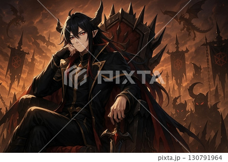 偉そうな態度で座る魔王 130791964