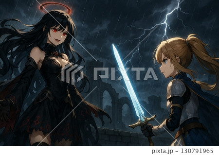 邪悪な魔女と対峙する女勇者 邪悪な魔女と対峙する女勇者 130791965