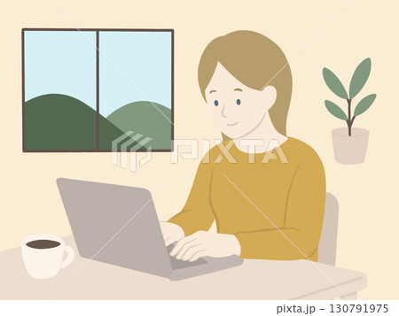 パソコンをする外国人女性のイラスト 130791975
