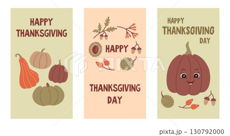 Set of cute Thanksgiving greeting cards with pumpkins, chestnuts, acorns, rose hips and autumn leaves. Festive fall harvest holiday illustration. Happy Thanksgiving Day postcard collection 130792000