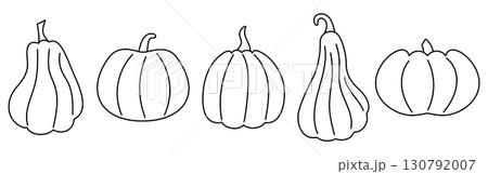 Different pumpkin and squash outlines. Editable stroke. Black and white line drawing of autumn vegetables for coloring book, harvest decoration, farm products, seasonal food, fall design. 130792007