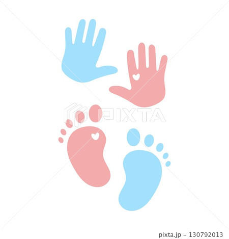 Baby handprints and footprints in pink and blue with heart symbol. Cute newborn design for parenting, childcare, maternity, baby shower, love, care, family, kids, childhood, adoption, charity themes 130792013