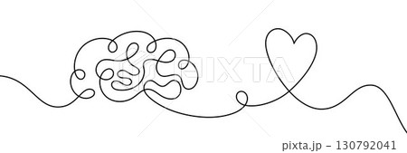 One line drawing of brain and heart connected by a continuous line. Minimalist linear illustration symbolizing balance between mind and emotions, psychology, mental health, love and feelings concept 130792041