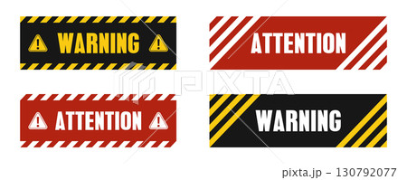 Warning and attention banners set. Caution signs with diagonal stripes, red and black backgrounds, exclamation symbols. Safety alert labels for danger, notice, hazard, emergency, security, 130792077