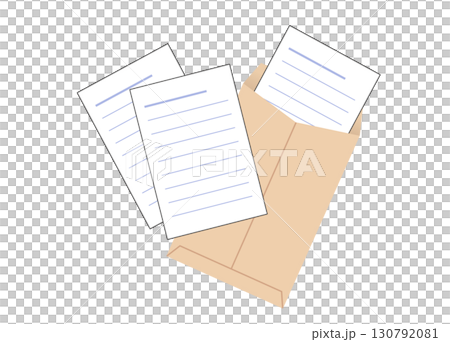 This is an illustration of a brown envelope containing report paper, letter paper, etc. For business situations. 130792081