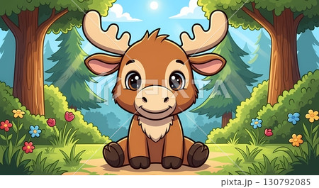 Adorable Baby Moose in Sunny Forest Meadow 130792085