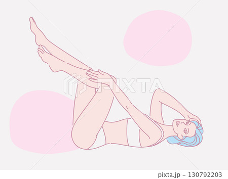 Beautiful female lying on the floor showing beautiful legs. Laser and wax epilation. Hair removal. minimalist style.  Beauty body care concept. Vector design illustration. 130792203