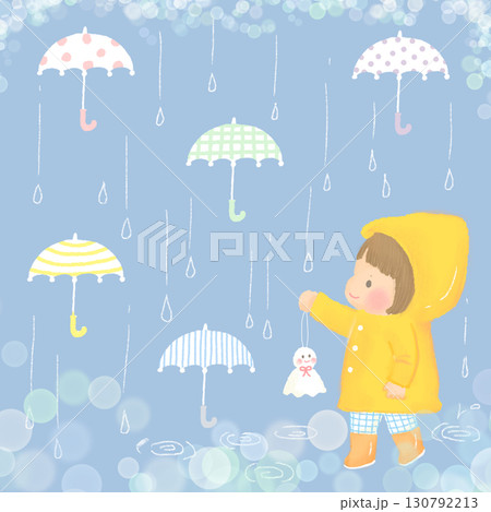 雨降りとてるてる坊主を持つ女の子 雨降りとてるてる坊主を持つ女の子 130792213