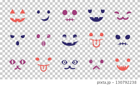 Various Halloween faces: Simple illustration set of decorations for autumn events, pumpkin lanterns, ghosts, and facial expressions 130792238