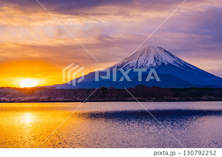 【山梨県】日本の夜明け、黄金色に染まる空と富士山 【山梨県】日本の夜明け、黄金色に染まる空と富士山 130792252