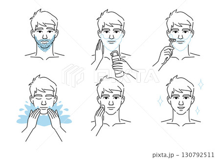 Set of men character shaving beard and taking care of facial skin. Foam and lotion. Shave with a razor. Beauty body care concept. Vector design illustration. 130792511