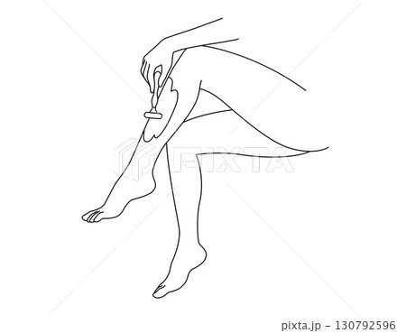 A woman shaving her legs. Hair removal. Beauty body care concept. Linear logo minimalist style. Vector design illustration. 130792596