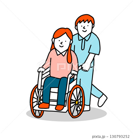 車いすを利用する女性と介護士のイラスト 車いすを利用する女性と介護士のイラスト 130793252