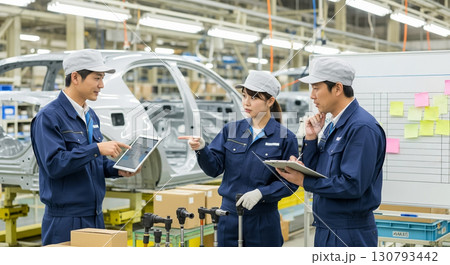 自動車工場で改善策を議論する工場作業員 130793442