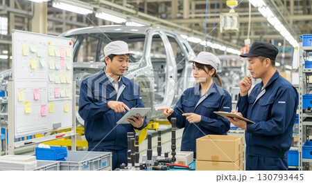 自動車工場で改善策を議論する工場作業員 130793445