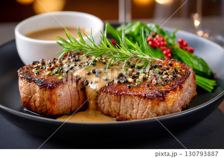 Juicy steak with pepper sauce and rosemary resting on black plate 130793887