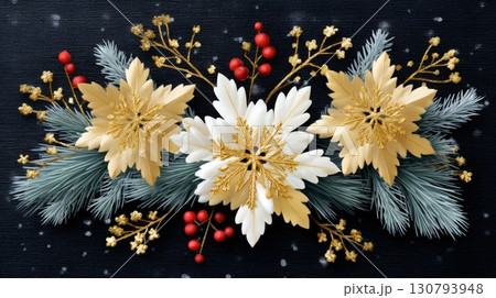 Golden christmas poinsettias and snowflakes decorating a black background 130793948