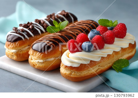 Delicious eclairs topping with chocolate, raspberries and blueberries lying on marble board 130793962