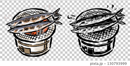 Grilled fish (sanma) on a charcoal grill - set of color and line drawings 130793999