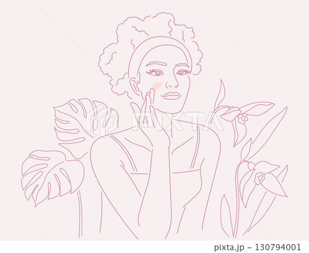 Beautiful young woman with hair band skin care on her face, with flowers and leaves plants background, Linear logo minimalist style,  organic cosmetic skin care banner. Vector design illustration. 130794001