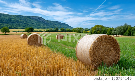 Round hay bales resting on harvested and green field under blue sky 130794149