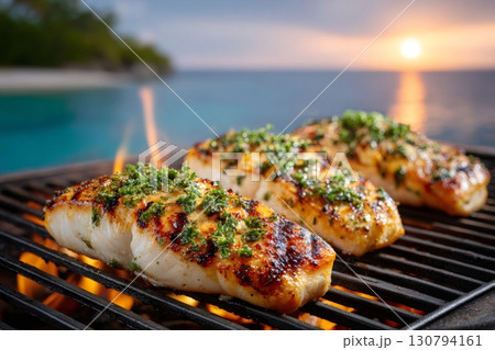 Grilling delicious fish fillet with herbs at sunset on the beach Grilling delicious fish fillet with herbs at sunset on the beach 130794161