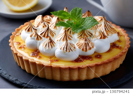 Delicious lemon meringue pie topping with caramelized brown sugar and mint leaves Delicious lemon meringue pie topping with caramelized brown sugar and mint leaves 130794241