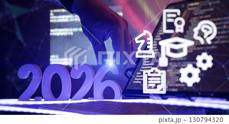 Futuristic concept showing 2026 with coding screen, education and strategy icons, symbolizing digital skills, innovation, and planning ahead. 130794320